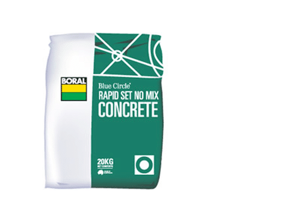 Product Image: A 20kg bag of Rapid Set No-Mix Concrete. The bag features a vibrant blue design with the product name prominently displayed. The bag is partially opened, revealing the gray-colored concrete mixture inside. A pair of hands is holding the bag, ready to pour the contents for construction or DIY projects.