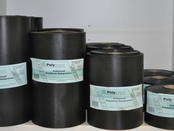 A roll of poly flashing dampcourse, a versatile waterproofing material used in construction projects. The product is made of durable polyethylene and comes in a convenient roll form. It features a black color and a textured surface for improved adhesion. The dampcourse provides a reliable barrier against moisture and prevents water penetration, safeguarding buildings from potential damage. It is suitable for various applications, including protecting brickwork, masonry, and concrete structures. The roll is neatly displayed, showcasing the product's quality and functionality.