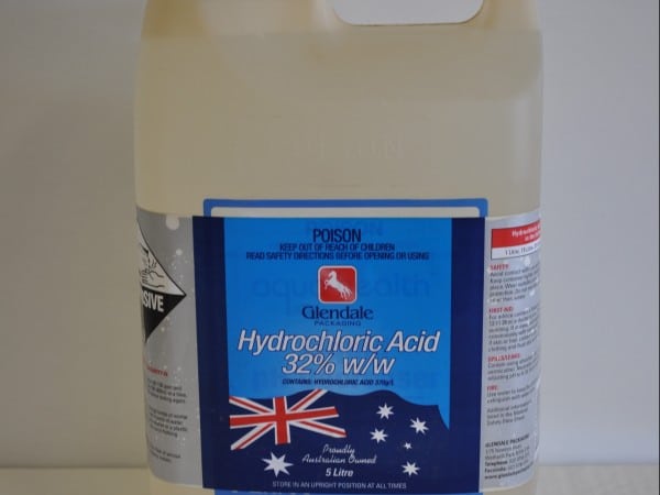 Hydrochloric Acid: A powerful chemical solution used for various industrial applications. This clear liquid is stored in a durable container, featuring a secure cap. Hydrochloric Acid is commonly used in cleaning, pH regulation, and metal treatment processes.