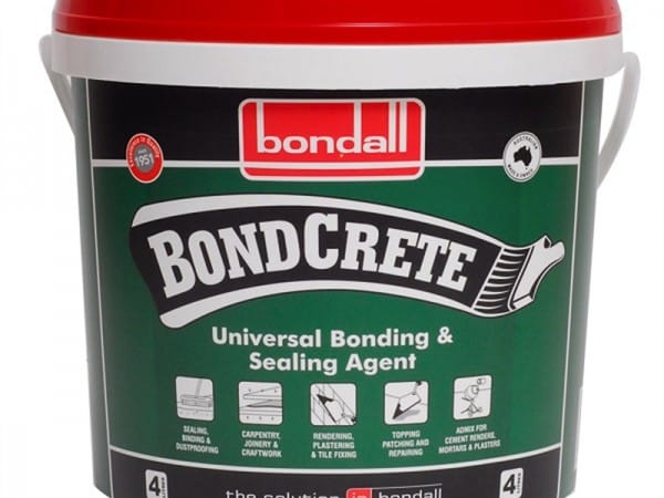 Image of Bondcrete product - a versatile bonding agent for concrete surfaces. The container features the Bondcrete logo, with clear instructions for use and a vibrant blue liquid pouring into a mixing bucket. Bondcrete strengthens and improves adhesion between old and new concrete, providing a durable and long-lasting bond. Ideal for various construction and repair projects. Available at Parklea Sand & Soil Australia.
