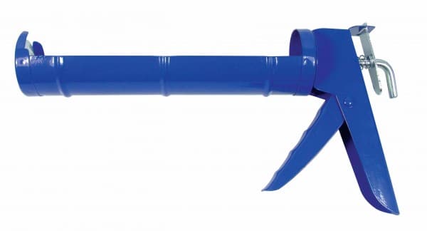 An image of a caulking gun, a handheld tool used for applying sealants or adhesives. The gun features a sturdy metal body with a trigger mechanism and a long nozzle. The nozzle is positioned over a tube of caulk, ready to dispense the material with precision. The gun's handle is ergonomically designed for comfortable grip and control. A versatile tool for various construction and DIY projects, the caulking gun ensures efficient and accurate application of sealants to achieve a professional finish.