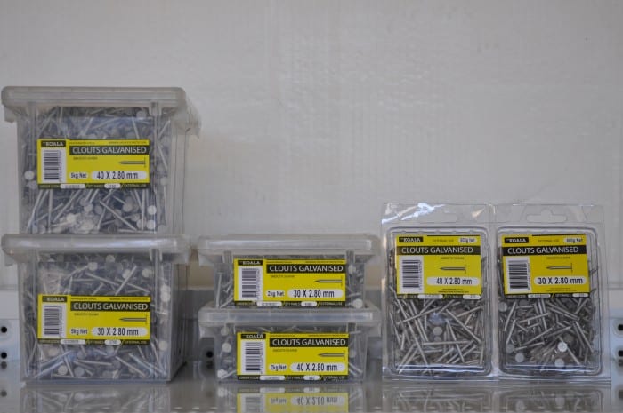 Image of Clouts Timber Connector Nails: A pack of high-quality metal nails used for connecting timber pieces together. The nails feature a flat, wide head and a pointed tip for easy insertion into wood. They are ideal for various woodworking and construction projects, providing strong and reliable connections. The pack includes different sizes and quantities of nails, suitable for different applications. These durable and versatile nails are an essential tool for carpenters and DIY enthusiasts alike. For sale at Parklea Sand & Soil Australia.