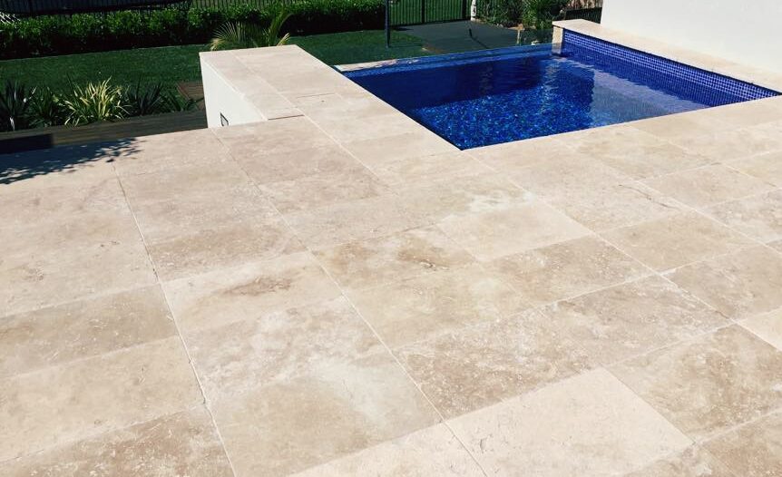 Natural Blend Travertine Pavers: Durable and Elegant Outdoor Flooring Solution by Parklea Sand & Soil.