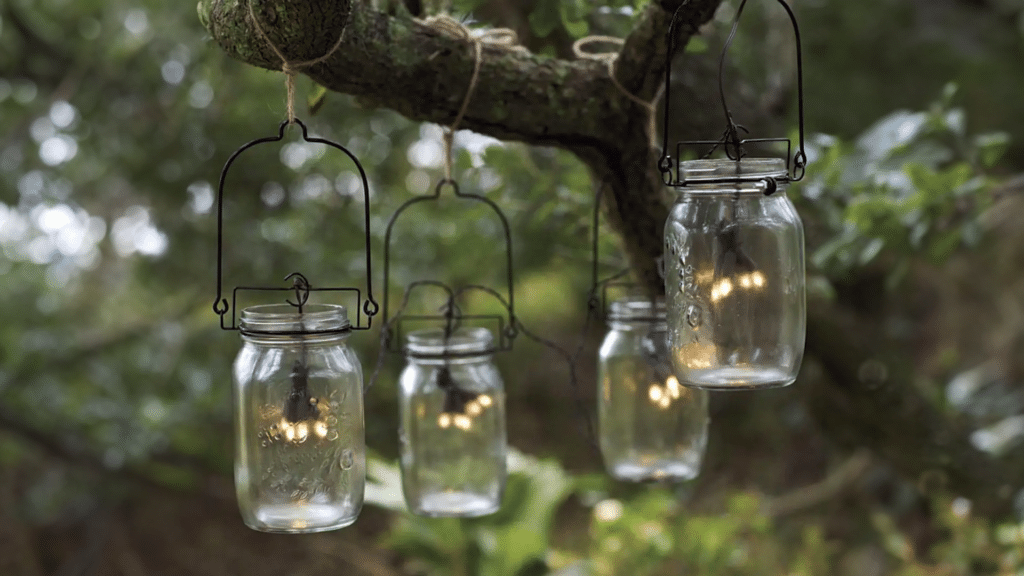 Mason jars with LED lights inside, repurposed as hanging lanterns on tree branch. DIY sustainable ideas for your landscape by Parklea Sand & Soil. 