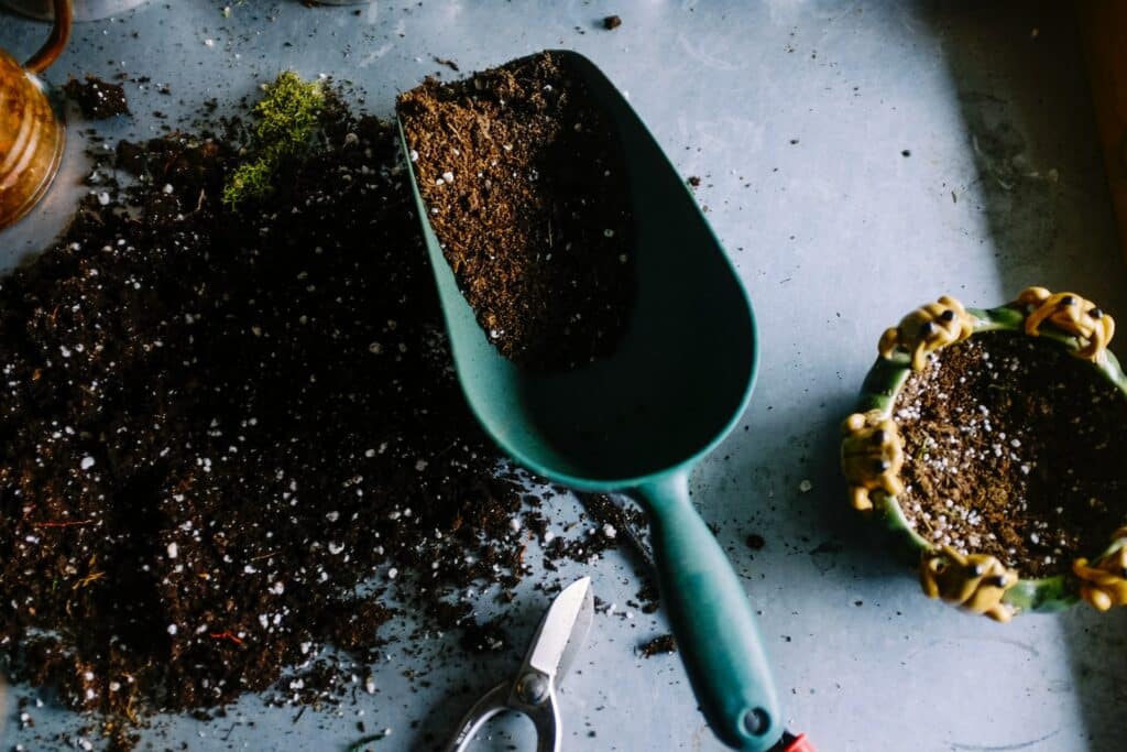 Garden shovel with dirt/soil inside on a metal table. 