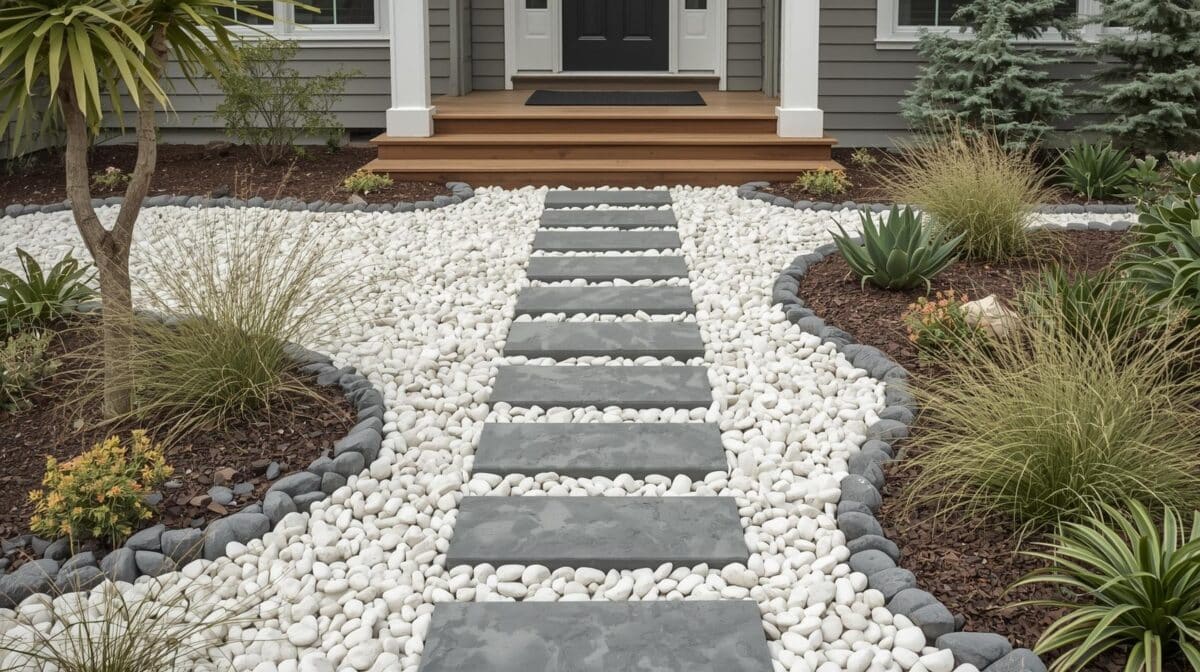 River pebbles and white decorative pebbles creating feature areas in budget-friendly front yard landscape